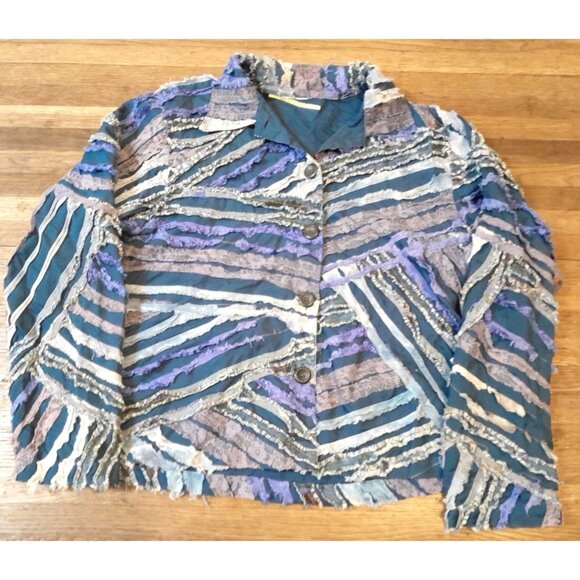 Vintage Womens Size Large Boho Hippie Denim & Lace Trim Fringe Patchwork Jacket - Picture 2 of 8